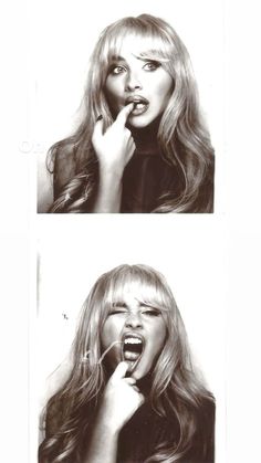 two pictures of a woman with long hair brushing her teeth and making a funny face