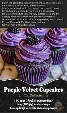 purple velvet cupcakes with blackberries on top