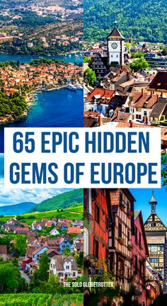 the cover of 66 epic hidden gems of europe, with an image of buildings and water