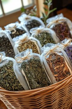 Assorted dried herbs in clear bags arranged in a wicker basket.