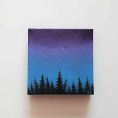 an acrylic painting of trees in the night sky with purple and blue hues