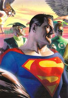 a painting of superman and other dc characters