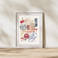 a framed art print with various items on it