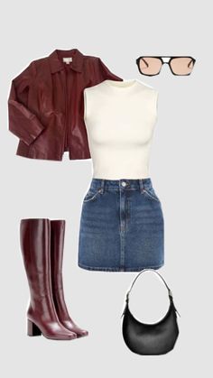 Outfits With Maroon Boots, Fall Boujee Outfits, Maroon Leather Skirt Outfit, Dark Red Boots Outfit, Classy Alternative Outfits, Dark Classy Aesthetic Outfits, Maroon Boots Outfit, Maroon Leather Jacket Outfit, Maroon Outfit Ideas