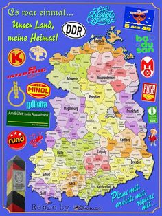 the map of germany with many different stickers on it's back side and words written in german