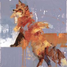 an abstract painting of a fox with orange and blue colors on it's body