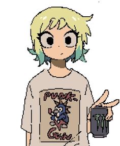 a pixel art drawing of a boy holding a trash can and pointing to the side