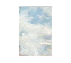 an abstract painting with white clouds and blue sky