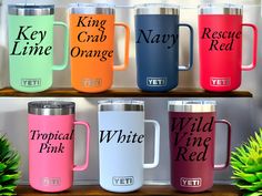 colorful travel mugs with names on them sitting on a shelf next to potted plants