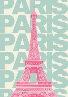 the eiffel tower is shown in pink and blue, with words above it