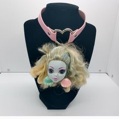 "Handmade OOAK Lagoona Blue choker necklace! Pink vegan leather strap with silver colored heart. Approx 13.5\"-15.5\" adjustable snap closure. Made with a real Mattel Monster High Lagoona head that has been customized with nose and ear piercings! Brand new, never worn! Keywords: Monster High Student Fairy Kei Fairycore Faecore Fairywave Cute Anime Original Large Big Gift Weird Unique Funny Gift Kawaii Toy Barbie Harajuku Cosplay Cartoon Pastelgoth Pastel Alt Emo Rave Ravewear Bubblegoth Bubble U Monster High Pink, Pastel Alt, Toy Barbie, Monster High Lagoona, Blue Choker Necklace, Cosplay Cartoon, Bubble Goth, Big Gift, Blue Choker