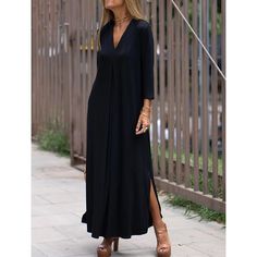 Season:Fall,Spring; Fabric:Polyester; Sleeve Length:Long Sleeve; Look After Me:Machine wash; Gender:Women's; Style:Fashion,Streetwear; Elasticity:Micro-elastic; Occasion:Date,Daily,Going out,Weekend; Fit Type:Regular Fit; Dresses Type:Casual Dress,Plain Dress; Design:Split; Neckline:V Neck; Listing Date:07/20/2023; 2024 Trends:2023; Bust:; Length:; Fit US Size:; Fit UK Size:; Fit EU Size:; Dress Length Type:Maxi long Dress; Print Type:non-printing How To Fold Sleeves, Comfy Dresses, Loose Outfit, Yoga Shorts, Denim Jumpsuit, Belleza Natural, Comfortable Dress, Look Chic, Linen Dress