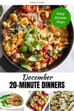 an image of dinner menu with pasta and spinach on the side text reads, easy dinner plan december 20 - minute dinners