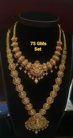 Short And Long Haram Set Gold, Lakshmi Devi Necklace Designs Gold, 40grams Gold Haram Latest, Lakshmi Haram Designs Gold Latest, Short Haram Designs Gold Latest, Latest Long Chain Designs In Gold, Short Necklace Designs Gold Latest, Latest Long Haram Gold Jewellery Designs, 50grams Gold Haram