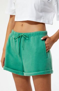 Upgrade your loungewear with the PacSun Pacific Sunwear Dotted Rolled Sweat Shorts. These shorts feature a drawstring waistband for a customizable fit and side hand pockets for convenience. With a roll cuff hem and Pacific Sunwear embroidery on the back, they blend comfort with style for a laid-back look that's perfect for any casual occasion.Solid color sweat shorts11.125" rise2.25" inseamSoft fleece liningDrawstring waistbandSide hand pocketsRoll cuff hemPacSun embroideryRelaxed fit60% cotton, 40% polyesterMachine washableModel is wearing a size smallModel measurements: 5’6” height, 30” bust, 25.5” waist, 36.5” hip PacSun Womens Pacific Sunwear Dotted Rolled Sweat Shorts - Green size Small Shorts Sweat Set, Comfy Outfits Lazy Shorts, Comfy Outfits Lazy, College Class, Pacific Sunwear, Outfits Lazy, Drip Drop, Sweat Set, Sweat Shorts