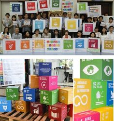 several pictures of people holding up signs in front of a table with boxes on it