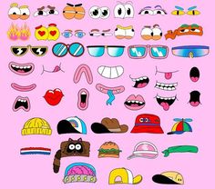 a bunch of different types of cartoon faces on a pink background with sunglasses and hats