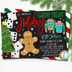 a christmas party game night with a chalkboard background and holiday sweaters on it