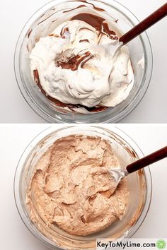 two bowls filled with cake batter and whipped cream