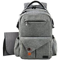 a gray backpack with two pockets and a laptop bag next to it on a white background