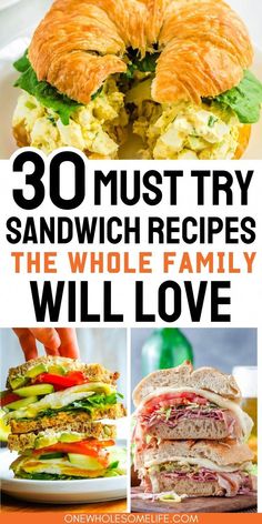 sandwiches with the words 30 must try sandwich recipes, the whole family will love them