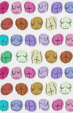 an image of many different colored faces on a white background with pink, blue, and green circles