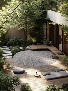 an outdoor garden with rocks, gravel and trees