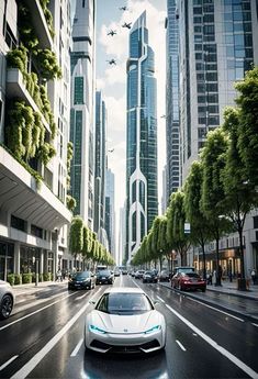 a white sports car driving down a street in front of tall buildings with green trees