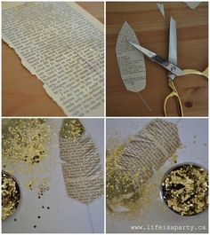 the process of making paper flowers with scissors and gold flakes on top of them