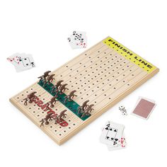 a wooden board game set with four people and two pieces of playing cards next to it