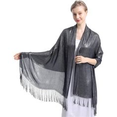 Hot Item *Soft And Shimmerthe Black Silver Shawl Is Made Of 100% Viscose With Metallic Thread ,Which Is Soft Breathable Comfortable And Drape Nicely, And The Fabric Is Enough Warm In Winter,Ice Cool In Summer,You'll Love The Feeling,It's Suitable For All Seasons. This Shawl Is About 78’’ X 27’’ (200cm X 70cm),Weight:105g (3.12 Oz). *Elegant Fringe Design The Fabric With A Glossy Feel And A Special Design With Long Tassels Make You Look Unique And Attractive. The Sparkly Shawl Allows You To Maint 파티 드레스, Dress With Shawl, Silver Silk, Rose Rouge, Pashmina Shawl, Prom Wedding, Shawls And Wraps, Scarf Shawl, Evening Dress