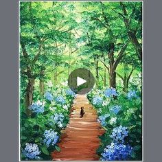 a painting of a path in the woods with blue and white flowers on either side