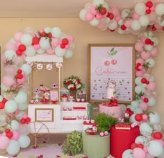 a party with balloons, cake and decorations