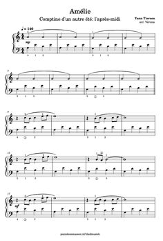 sheet music with the words amelie written in french and english, on top of it