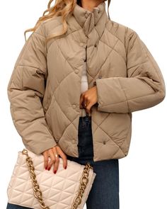 PRICES MAY VARY. Material: Womens quilted puffer jacket is made of 100% polyester, comfortable, flowy fit,compressible, lightweight, foldable, durable fabric with filling for warmth-perfect to bring on travels and commutes. Design: Button down closure, two hand pockets, loose fit, stand collar, long sleeve, drop shoulder, soft and warm padded, solid color, oversized look, elasticated cuffs in a puffer style. Occasion: Puffer jacket perfect for daily wear, working, traveling, hiking, skiing, stre Casual Beige Quilted Puffer Jacket, Beige Long Sleeve Quilted Puffer Jacket, Beige Puffer Jacket With Padded Collar, Beige Puffer Jacket With Double-lined Hood For Fall, Beige Long-sleeved Puffer Jacket With Padded Collar, Puffer Style, Baggy Shorts, Short Women Fashion, Outwear Coat