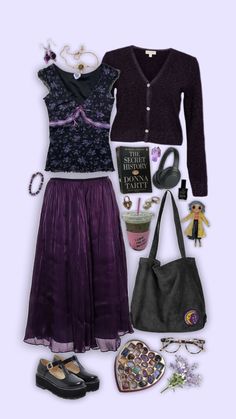 #aestheticoutfit #outfit #outfitinspiration #outfitinspo #purple #aesthetic #gothic #witchy Mazzy Star Purple Outfits, Plum Aesthetic Outfit, Aesthetic Clothes Purple, Violet Outfit Aesthetic, Grunge Purple Outfit, Purple Dark Academia Outfit, Purple Witchy Outfit, Purple Whimsigoth Outfit, Purple Witch Aesthetic Outfit