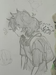 a pencil drawing of a boy with horns on his head and an anime character in the background