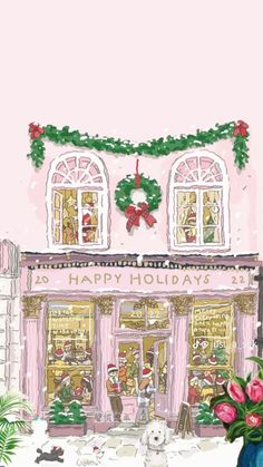 a painting of a store front decorated for christmas