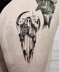 Creepy Forarm Tattoos, Gothic Ghost Tattoo, Spooky Themed Tattoos, Goth Inspired Tattoo, Pretty Ghost Tattoo, Creepy Cute Matching Tattoos, Ghost Tattoos Scary, Spooky Sleeve Tattoos For Women, Goth Arm Tattoo