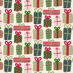 many presents are wrapped in red, green and pink ribbons on a white background with polka dots