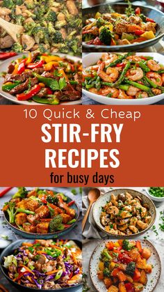 various stir fry dishes with text overlay that reads, 10 quick and cheap stir fry recipes for busy days