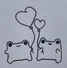 a drawing of two bears holding balloons in the shape of hearts