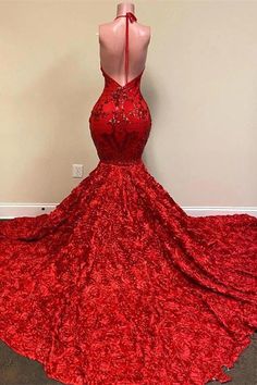 Halter Neck Mermaid Dress, Front Split Dress, Prom Dresses Burgundy, Flower Prom Dress, Mermaid Prom Dresses Lace, Red Mermaid, Prom Inspo