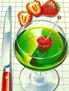 a painting of strawberries on top of a green liquid in a glass with a knife next to it