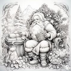 a black and white drawing of santa sitting on a bench with his book in hand