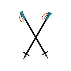 two crossed swords with blue handles and red tips on each end, standing upright against a white background