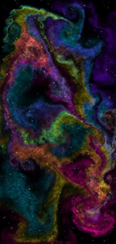 an abstract painting with many colors and shapes in the dark space, like stars or dust