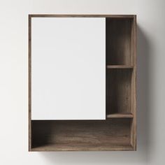 a wooden shelf with a white paper on top and shelves below it, against a wall