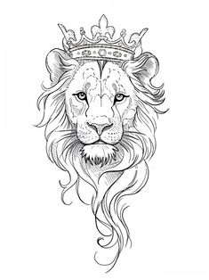 a lion with a crown on it's head, drawn in black and white