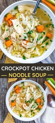 two bowls of crockpot chicken noodle soup with carrots and celery